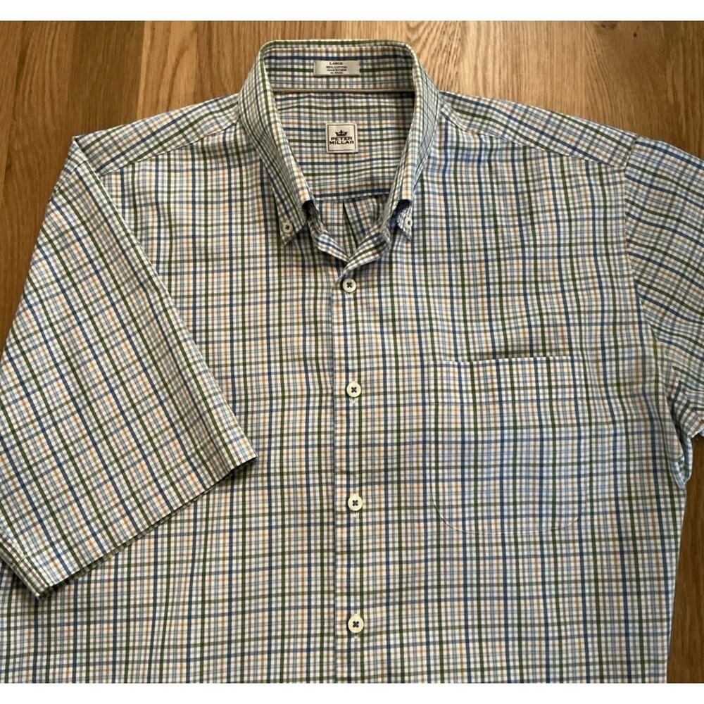 Peter Millar Shirt Men L Cotton Plaid Blue Green Short Sleeve Button Preppy